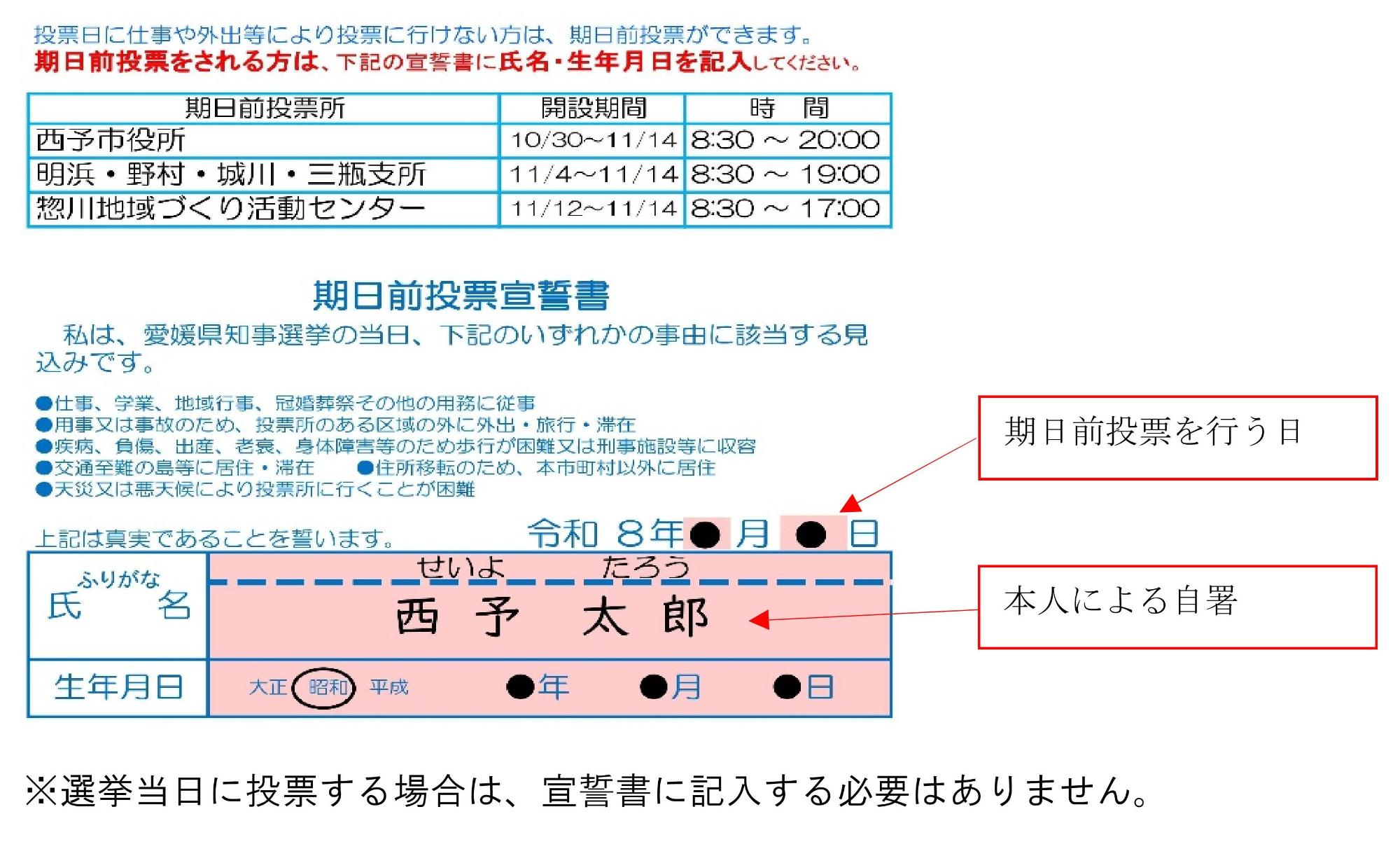 入場券裏面宣誓書記入例